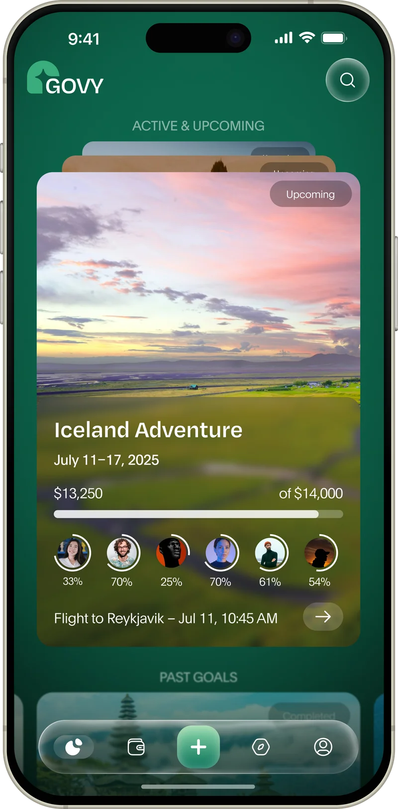 Govy app showing Iceland Adventure trip with group savings progress